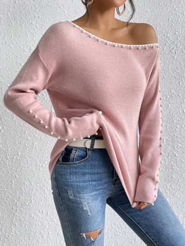 Image of WDIRARA Women's Pearls Beaded One Cold Shoulder Sweater Long Sleeve Asymmetrical Knit Top