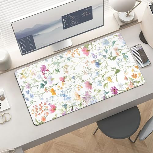 Image of Wildflowers Spring Summer Extended Gaming Mouse Pad, with Stitched Edges Large Mouse Pad Desk Protector, Rubber Base Mousepad Keyboard Mouses Mat for Work Game Office Home- 32 inch X 16 inch Inch