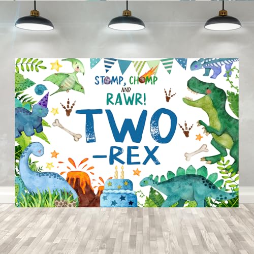 Lofaris 7x5ft Blue Dinosaur Second Birthday Backdrop Two-rex Cartoon Green Palma Leaves Photography Background for Kids Boy Party Decoration Supplies Cake Table Decor Banner Photobooth Props