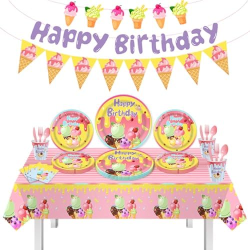 Ice Cream Party Supplies Kit - Paper Plates, Cups, Napkins & Decorations For Birthday