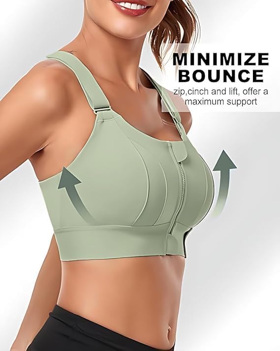 Image of Women's High Impact Sports Bra with Zip Front High Support Wireless Adjustable Plus Size for Large Breasts