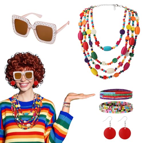 JATEBI 6Pcs Orange Red Costume Set with Short Curly Wig Sunglasses Jewelry for Women Party Cosplay