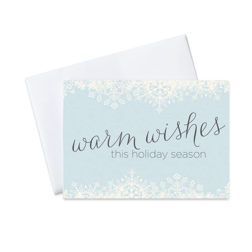 Holiday Greeting Cards - H1507. Business Greeting Card with Warm Wishes and Snowflakes Design. Box Set Has 25 Greeting Cards and 26 White with Silver Foil Lined Envelopes.