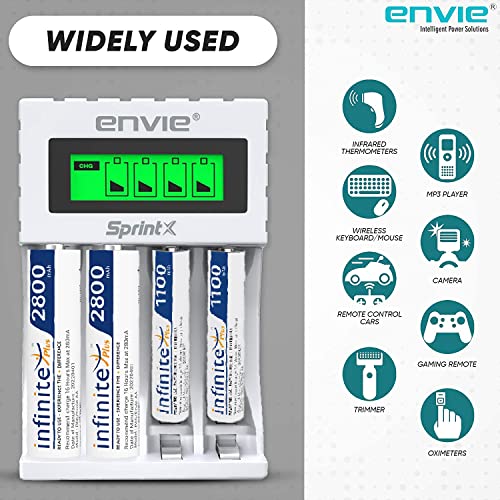 Image of ENVIE (ECR 11MC+2800+1100) SprintX Ultra Fast Rechargeable Batteries Charger for AA & AAA Ni-mh, with 2xAA2800 & 2AAA1100 Rechargeable Batteries, with Over Charge Protection