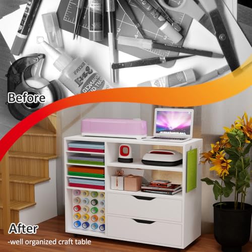 Dooloric Craft Organization and Storage Cart Compatible with Cricut Machines, Rolling Craft Table Organizer with Charge Station Vinyl Roll Holder, Drawers, Craft Storage Cabinet for Craft Room Home