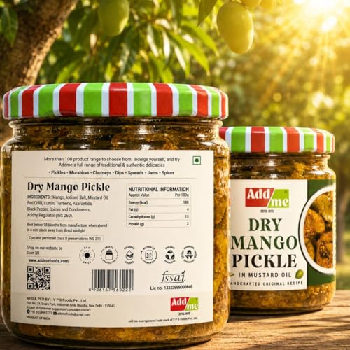 Image of Add me Dry mango pickle in Mustard oil 300gm | aam ka sukha achar in dry style mango pickles glass pack. (Dry Mango Pickle, 300gm)