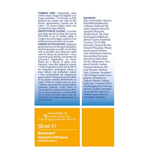 NIVEA SUN Crème visage femme anti-âge & anti-taches FPS 50 (2 x 50 ml), crème hydratante visage formule Q10 pour usage quotidien, protection solaire UVA/UVB texture légère