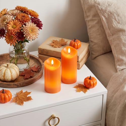 Image of Fall Decorations, Flameless Orange Pillar Candles with Remote
