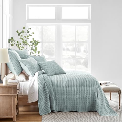 Image of Levtex Home Mills Waffle Full Bedspread Set (100x104in) with 2 Pillow Shams (26x20in) - Spa - Cotton Waffle Full Size Bedspread Set - Lightweight, Soft, Pre-Washed