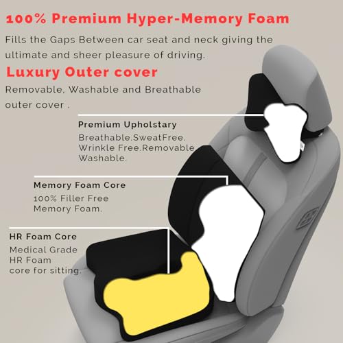Image of MRRON Memory Foam Car Seat Cushion Combo - Backrest, Coccyx Cushion & Neckrest - Orthopedic Support for Back, Sciatica & Neck Pain - Ergonomic Comfort for Car, Office. (Black, Lumbar)