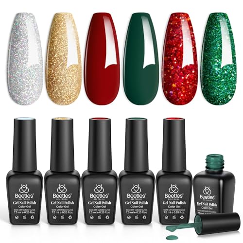Image of Beetles Gel Nail Polish Set - Summer Holly Berries 6 Colors Gel Nail Kit with Sparkle Glitter Red Green Gold Silver Shades Holiday Nail Art Gift for Women Soak Off UV LED Nail Gel