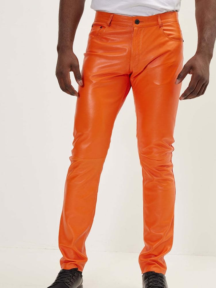 Pantaloni di Pelle Uomo Slim Fit Pantalone Moto Biker