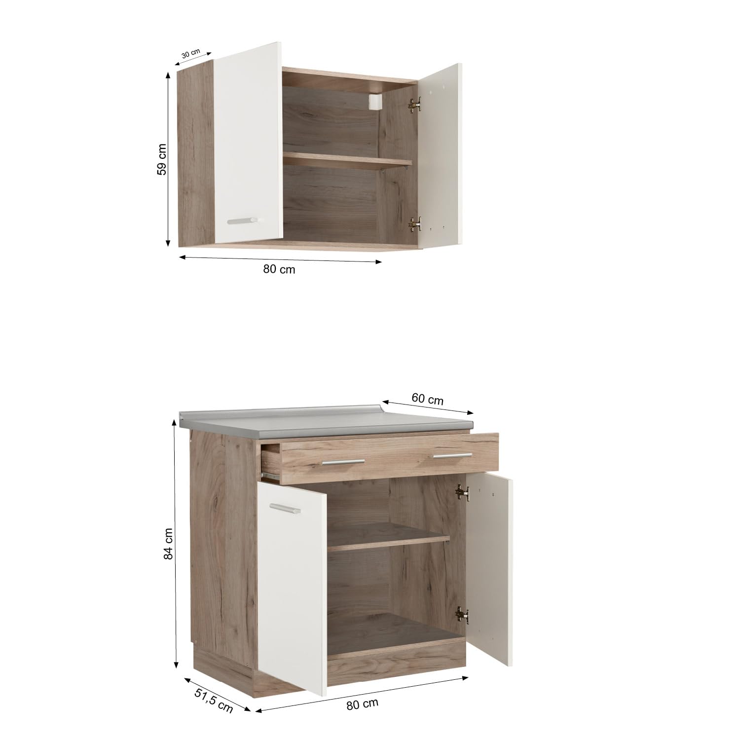 Homestyle4u Singleküche 80 cm Weiß Eiche - Küchenzeile ohne Geräte | Unterschrank mit Arbeitsplatte & Hängeschrank, Weiß/Sonoma Eiche, modular erweiterbar