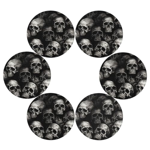 Mexpekil Juego de 6 manteles individuales redondos resistentes al calor, diseño de calaveras negras, decoración moderna para comedor, cocina, boda, fiesta (39 cm)