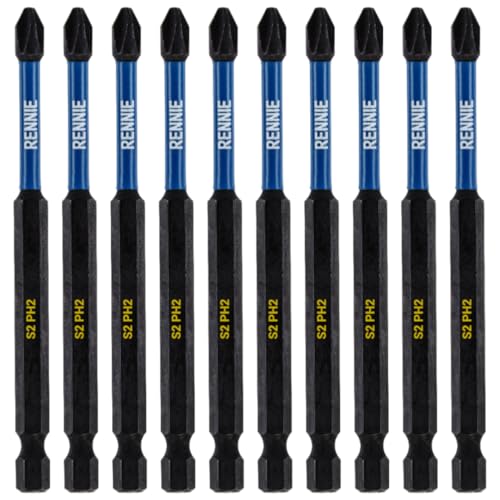 10 x Rennie Tools 100mm Long PH2 Impact Screwdriver Driver Bits Set. Magnetic Phillips No.2 Heavy Duty Impact Driver Bit Set. Extra Long PH2 Bits. Hex Shank. Cross Head. Black Oxide Coating