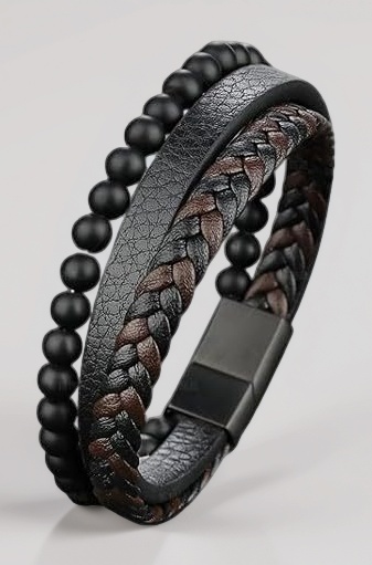 Bracelet for Men Black Leather Bracelet for boys Magnetic-Clasp Leather Mens Beads Evil eye Bracelets for Men Stylish Combo Silver Stainless Steel Birthday Gift Anniversary Husband 665