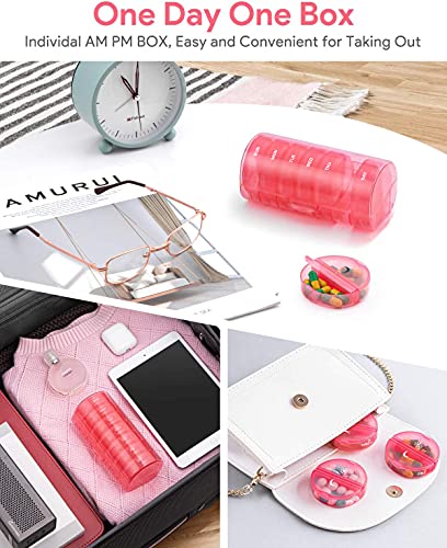 Image of TookMag Pill Organizer 2 Times a Day, Travel Medicine Pill Organizer, Weekly AM PM Pill Box, Large Capacity 7 Day Pill Cases for Vitamin /Fish Oil /Supplements (Pink)