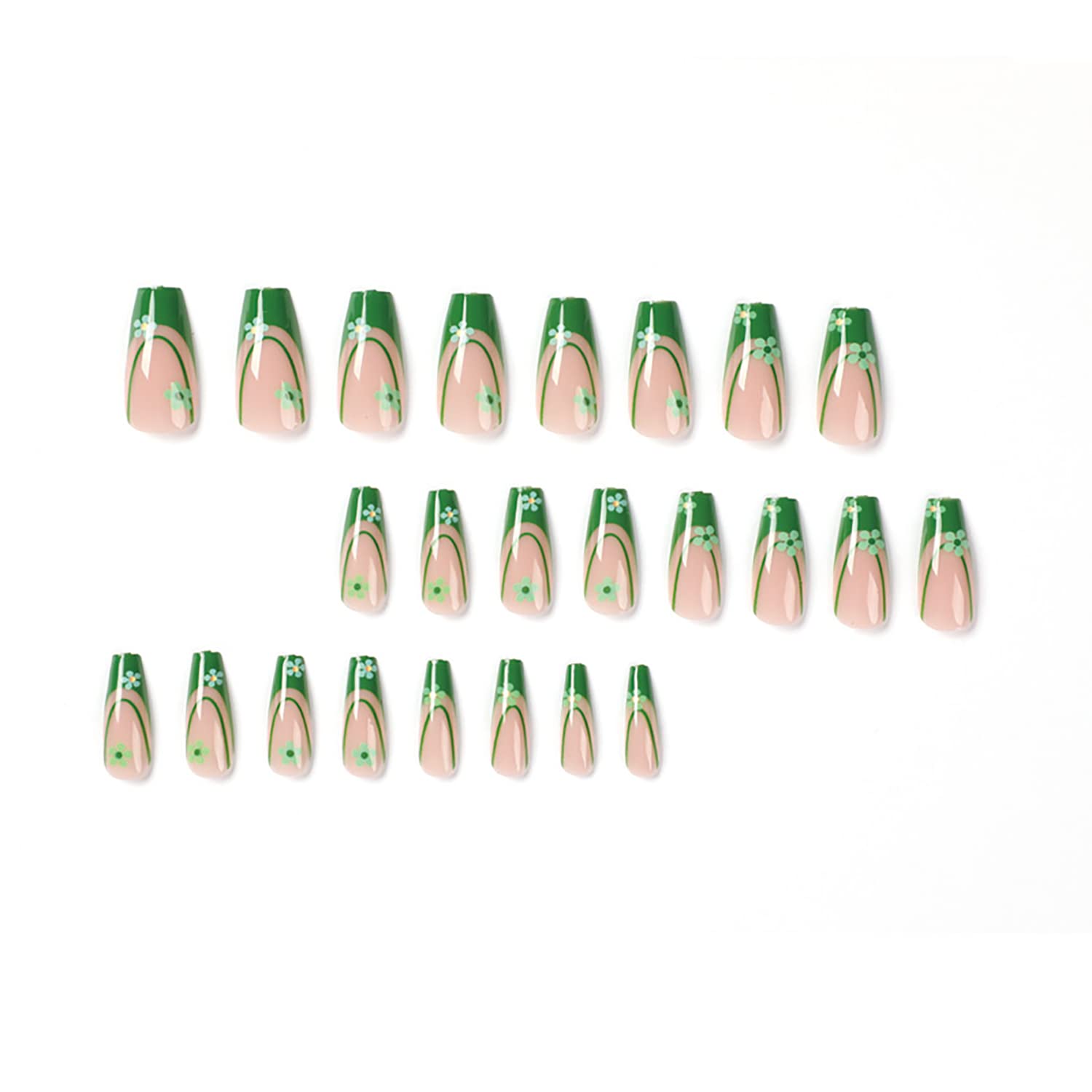 24 Pcs St. Patrick's Day Press on Nails Medium Coffin Fake Nails Acrylic Green French Tip on False Nails with Flower and Rhinestones Artificial Acrylic Nails with Designs for Women Girls