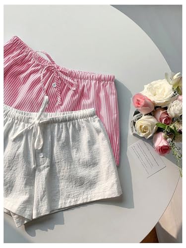 Image of MakeMeChic Women's 2 Pack Linen Shorts Striped Gingham Summer Beach Pajama Boxer Shorts