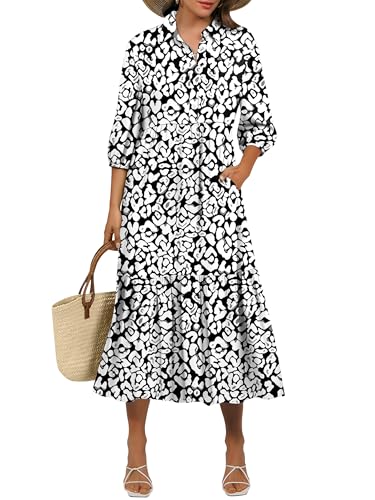 ANRABESS Women Summer Dress 2026 3/4 Puff Sleeve Polo V Neck Floral Print Casual Boho Shirt Maxi Dress Beach Vacation Clothes Leopard Print Small