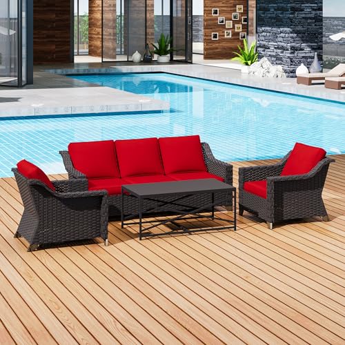 Image of 4 Pieces Outdoor Conversation Furniture Set - 77 inch Patio Sofa, 2 Wicker Armchairs, 1 Metal Coffee Table, Patio Wicker Furniture Set with Water-Resistant Cushions for Sunroom (Red) | Patio Chair Set with Olefin Removable Cushion, All-Weather Outdoor Couch with Deep Seat for Porch, Deck and Backyard, Red