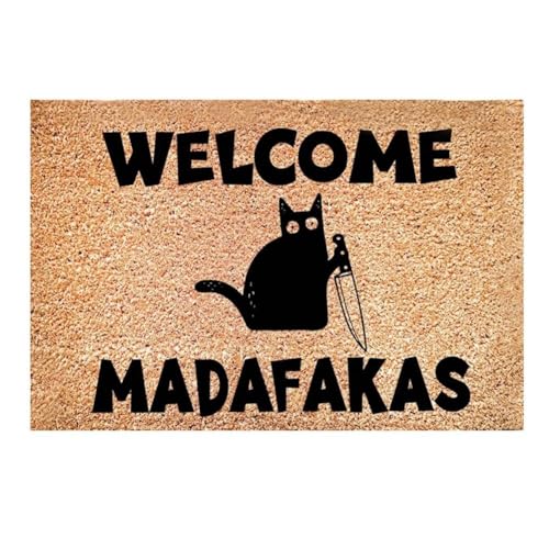 Generisch Fußmatte aus Kokosfaser, Schmutzfangmatte Natur, Dark Cat Welcome Madafakas - Lustige Fußmatte mit Volldruck, Heimdekoration, Küche, Badezimmer, Dekoration für Menschen