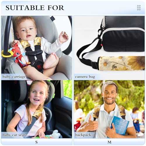 Image of Beige Sunflowers and Daisy Bees Seat Belt Cover Pad 2 Pcs Soft Cute Seatbelt Covers Protector Support Head Neck Shoulder Strap for Car Seats High Chair Backpack for Adults Kids Women Men 10x7.7