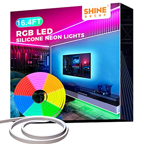 Shine Decor 12V LED RGB Neon Rope Lights Dimmable, 16.4FT/5M Silicone Neon LED Strip Light with Remote, Cuttable Flexible Outdoor LED Neon Lights Color Changing for Signage, Bedroom, Gaming Room Party