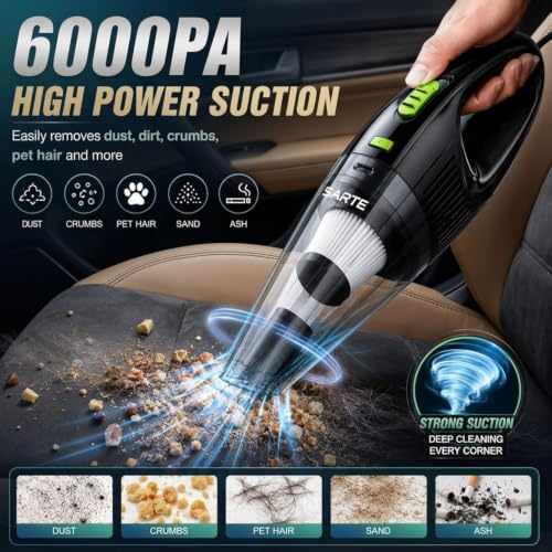 Image of SARTE Car Vacuum Cleaner 6000Pa High Suction, Wet & Dry 2-in-1, 12V DC Portable Handheld Vacuum Cleaner with HEPA Filter, Long Power Cord, Brush & Crevice Nozzle for Car Interior, Seats & Dashboard