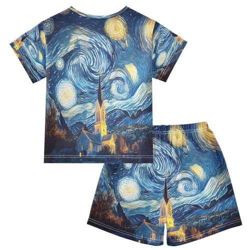 ALAZA Starry Sky House Van Gogh Pajamas Set Short Sleeve Cotton Sleepwear Summer Pjs 2 Piece 5-14Y2
