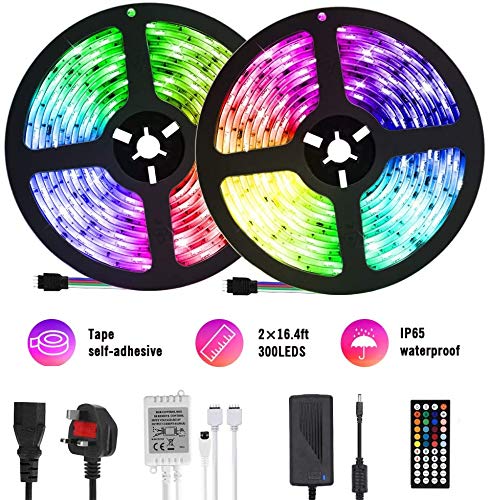 AveyLum 10M LED Strip Light RGB DearmColor Flexible Tape Lights 5050 SMD RGB 300 LEDs Waterproof IP65 Rope Light with 44 Keys Wireless Controller and 12V Power Adapter for Home Kitchen Party Deco