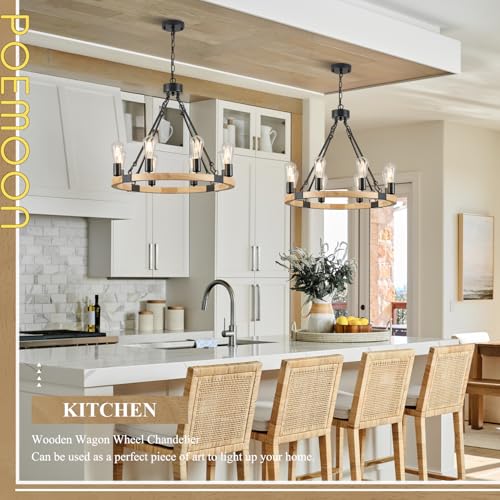 Image of Natural Wooden Wagon Wheel Chandelier 8-Light 23.6 inch Light Fixture
