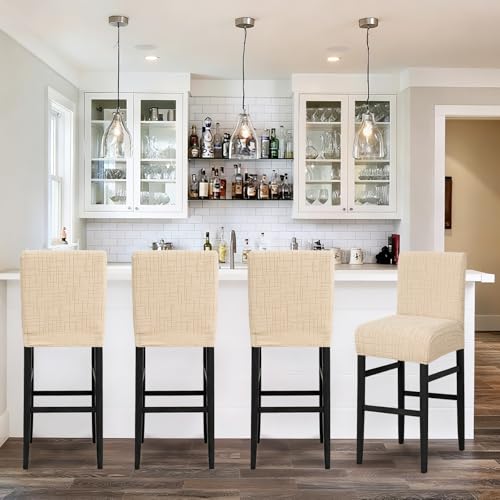 Image of JIUZHEN Camel Stretch Velvet Bar Stool Counter Covers Set of 4 | Washable Removable Rectangular Seat Covers, Water Resistant, Kitchen, Dining, Pub, Hotel, Wedding and Party Counter Stools