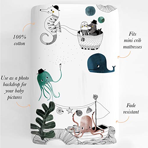 Image of Mini Crib Sheets by Rookie Humans: 100% Cotton Sateen. Complements Modern Nursery Room, Use as a Photo Background for Your Baby Pictures. Fits Mini Crib Size (38x24 inches) (Underwater Love)