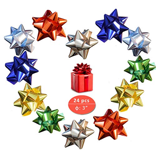 Christmas Wrapping Bow, elify Metallic Ribbon Star Bow 3" Inch Gift Bows, 24pcs