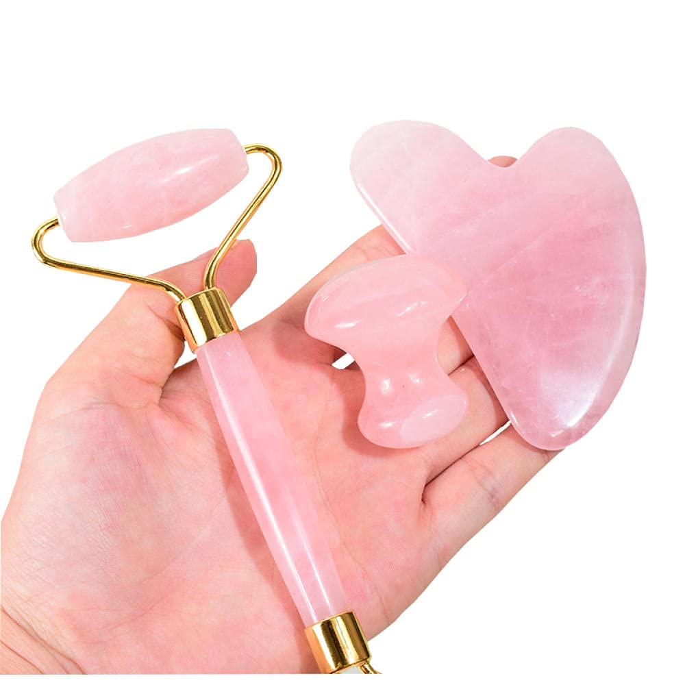 Set di strumenti di massaggio del rullo viso di Guasha Massager del quarzo della rosa-2 pezzi