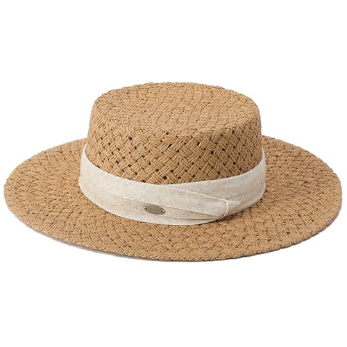 ACUSHLA Straw Sun Hat for Women & Men Wide Flat Brim Adjustable Summer Beach Hats Boho Boater Fedora Gambler Panama for Vacation Pool Wedding Outings Travel Sun Protection UPF 50+ Khaki