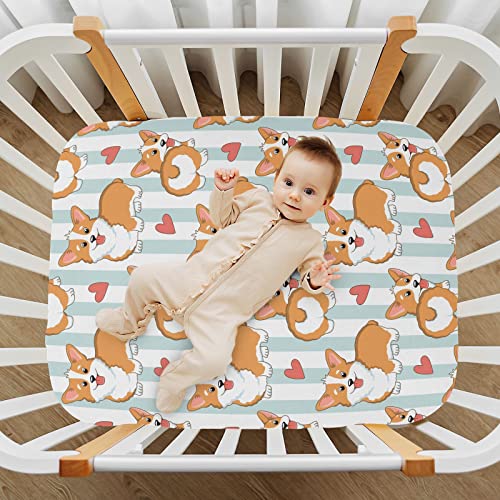 Image of Fitted Crib Sheets Puppy Corgi Dogs Stripes Stretchy Portable Playard Sheets for Baby Toddler, Breathable Soft Mini Crib Mattress 39 x 27 in for Boys and Girls