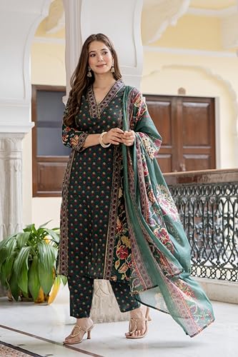Image of MEERA FAB Women's Cotton Blend Straight Printed Kurta with Palazzo & Dupatta