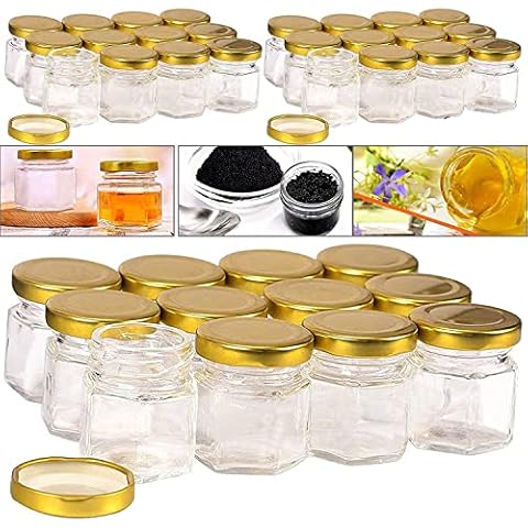Annafi Jam Jars Set of 30pcs, Kitchen Storage Jar, 45ml Capacity, Mason Jars with Airtight Metal Lid, Hexagonal Glass Storage Jar, for Jams, Chutneys, Preserves, Pickles Cover
