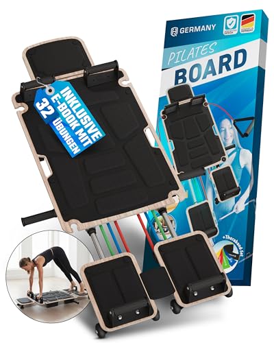 HQ Germany® Pilates Board [inkl. E-Book und Theraband-Set] - Tragbares Mini Pilates Reformer Board aus Holz mit Widerstandsstufen - Sportgeräte für Zuhause, Reformer Maschine für Sport Zuhause