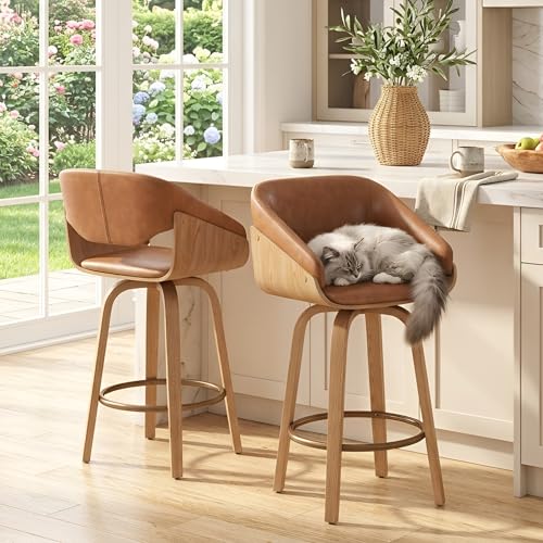Image of HNY 26'' Modern Barrel Swivel Counter Stools Counter Height Swivel Bar Stools with Backs Set of 2, Brown Faux Leather Bar Height stools, Farmhouse Solid Wood Barstools for Kitchen Island, Home Bar