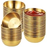 SWEWARM 50 cuencos redondos dorados para salsa, 2.4 x 1 pulgada, tazas de salsa de inmersión de acero inoxidable, recipiente pequeño para condimentos, plato de aperitivos de preparación, cuenco para