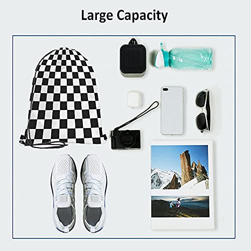 Beabes Checkerboard Drawstring Bags Backpack Bag Geometric Checkered Plaid Pattern Black White Car Racing Sports Chess Board Sport Gym Sack Drawstring Bag String Bag Yoga Bag For Men Women #TOP2
