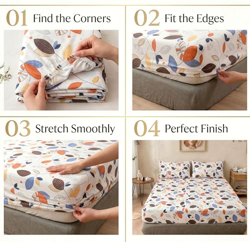 Image of VAS COLLECTIONS Cloud Cotton Corner Elastic Fitted Double Bedsheet Set (78 x 72 + 8 Inches) with 2 Pillow Covers | 160-180 TC Soft Breathable Cotton Fitted Sheet | Bed Sheet (Petal Print)