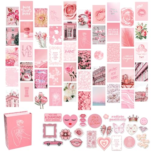Artivo Pink Wall Collage Kit Aesthetic Pictures 50 Set 4x6 Light Pastel Pink Wall Decor for Teen Girls and Kids Cute Bedroom Decor Aesthetic Dorm Decor Pretty Wall Decor Prints