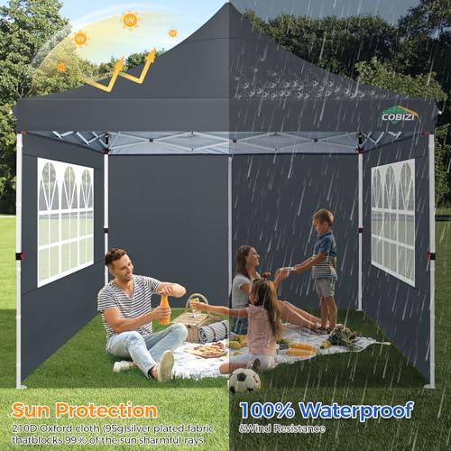 Image of COBIZI 10x10 Pop Up with 3 Sidewalls, Canopy Tent 10x10 for Parties, Backyard, Commercial, Waterproof and Portable Instant Shelter UV50+ Outdoor Canopy Gazebo with 4 Sandbags (Grey)