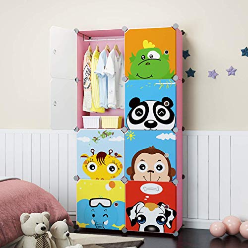 Image of Sunderlook Plastic Wardrobe for Kids Clothes - Non Slip and Anti Skid Multipurpose Kids Wardrobe, Foldable Wardrobes for Cloth, Collapsible Wardrobe for Bedroom (Pink-HY, 8 Door)