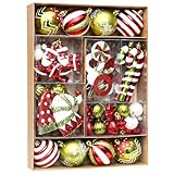 Photo Gallery set di 50 ornamenti natalizi infrangibili, palline rosse, verdi e dorate con cappello di babbo natale e dettagli in canna Photo Gallery set di 50 ornamenti natalizi infrangibili, palline rosse, verdi e dorate con cappello di babbo natale e dettagli in canna