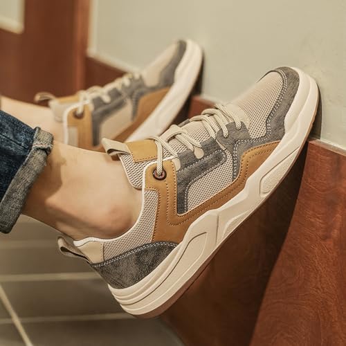 Men's Fashion Leather Breathable Mesh Mid Top Lace Up Platform Sneakers Casual Lightweight Non Slip Round Toe Driving Walking Jogging Tennis Training Shoes3